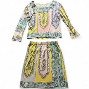 Emilio Pucci 70’s Abstract Matching Pastel Set Long Sleeve Top & Skirt Fit 6